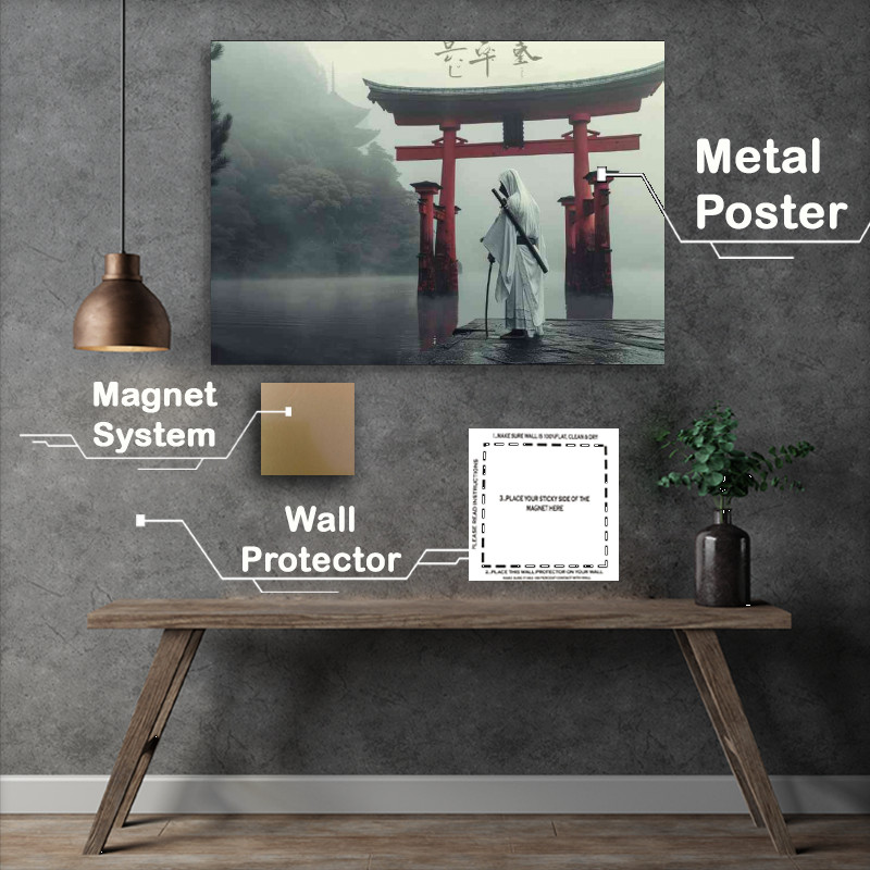 Buy Metal Poster : (Old samurai in white robes trianing at tori gate)