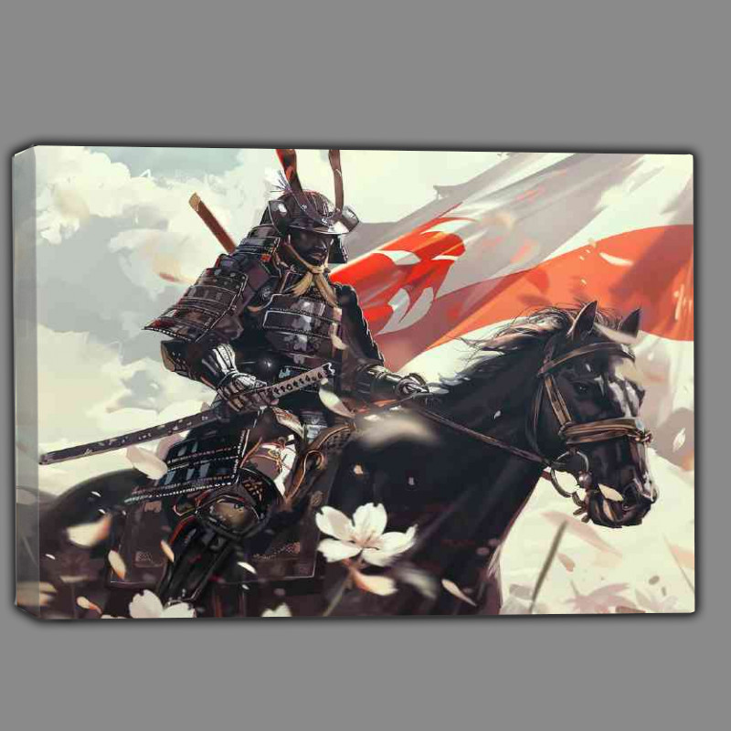 Buy Canvas : (Samurai in full armor on horseback Japanese flag)