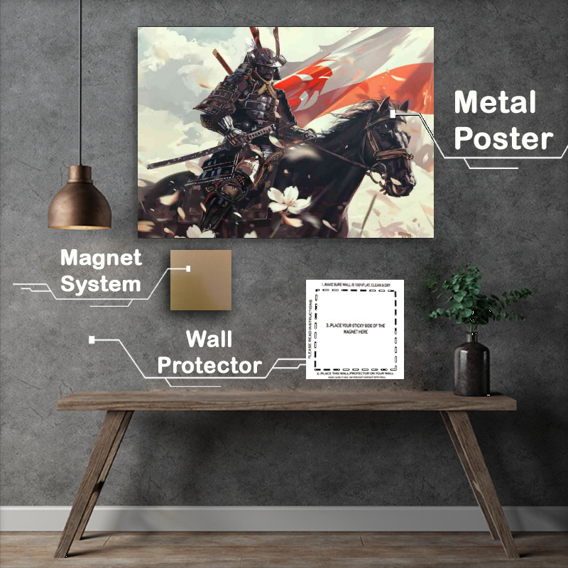 Buy Metal Poster : (Samurai in full armor on horseback Japanese flag)