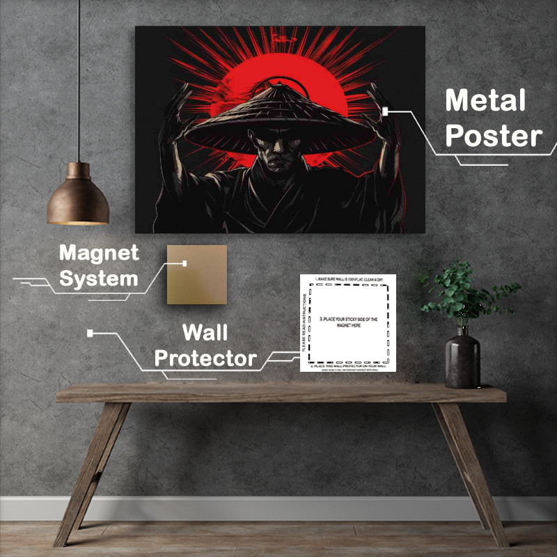 Buy Metal Poster : (Samurai with his hat on is holding up the red sun)