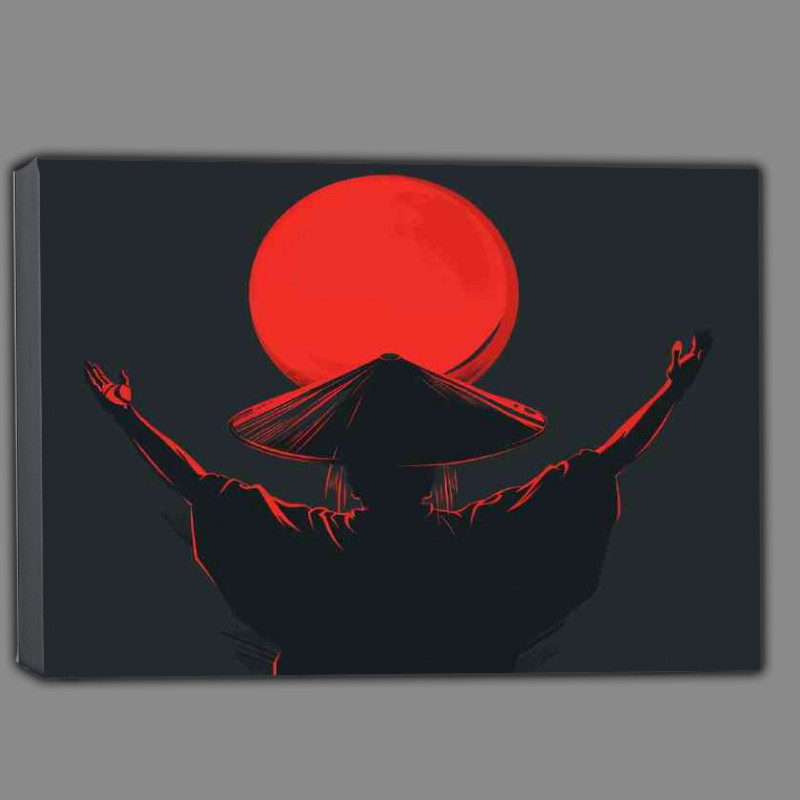 Buy Canvas : (Samurai with his hat on looking at red sun)