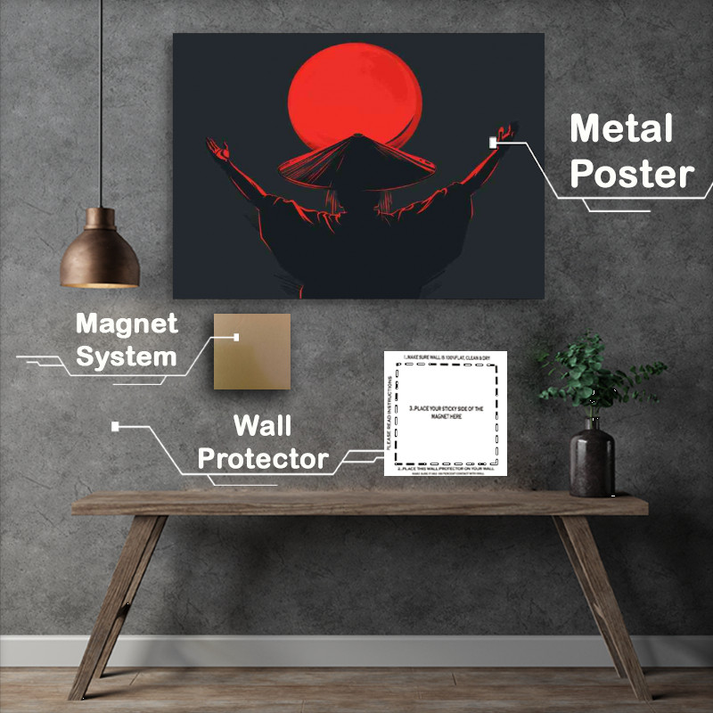 Buy Metal Poster : (Samurai with his hat on looking at red sun)