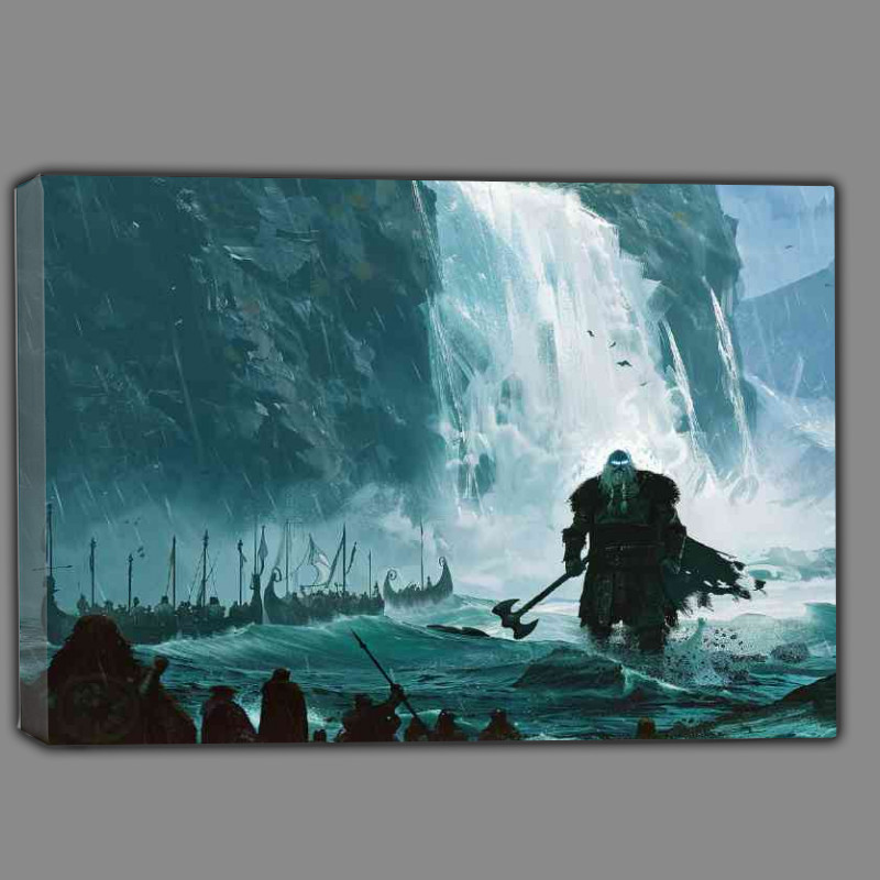 Buy Canvas : (Giant god with glowing eyes stands with Vikings)