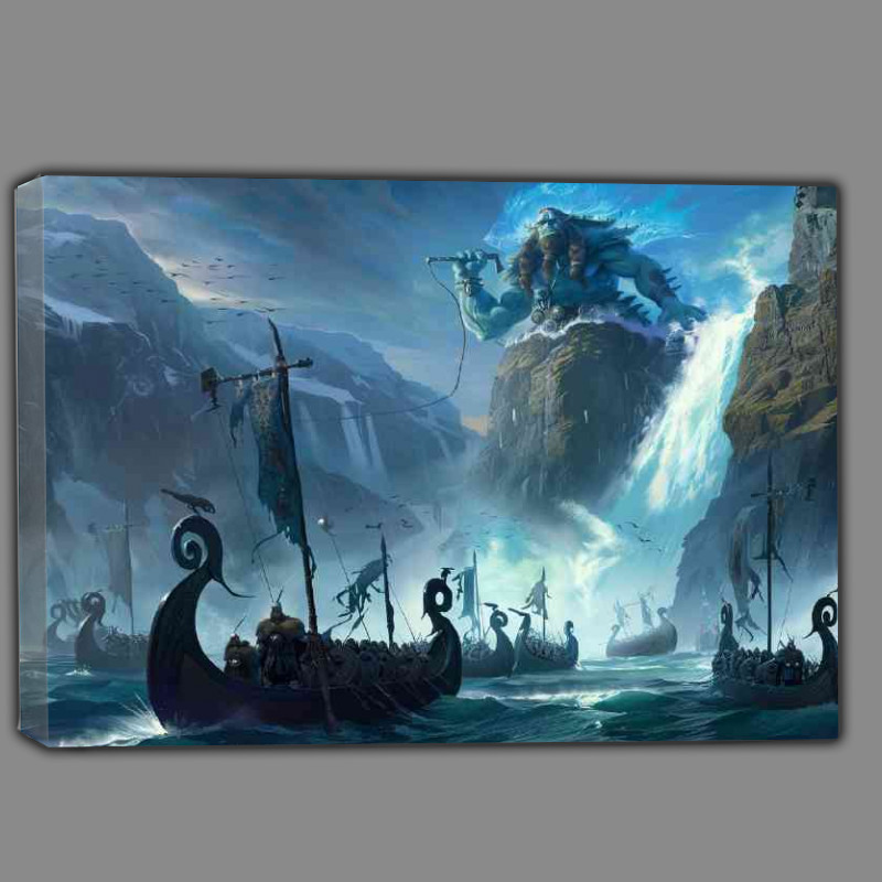 Buy Canvas : (God stands on the bow of an mountain protecting vikings)