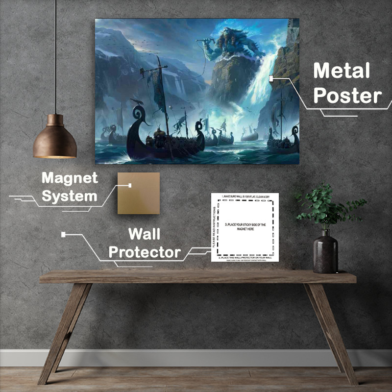Buy Metal Poster : (God stands on the bow of an mountain protecting vikings)