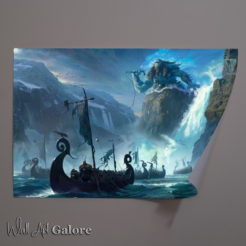 Buy Unframed Poster : (God stands on the bow of an mountain protecting vikings)