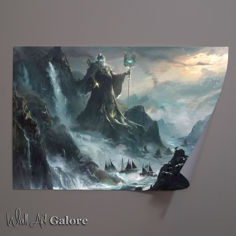 Buy Unframed Poster : (Odin god with glowing eyes protecting viking ships)