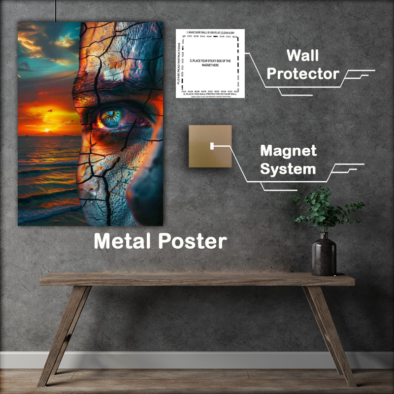 Buy Metal Poster : (Cracked colourful face with sunset)