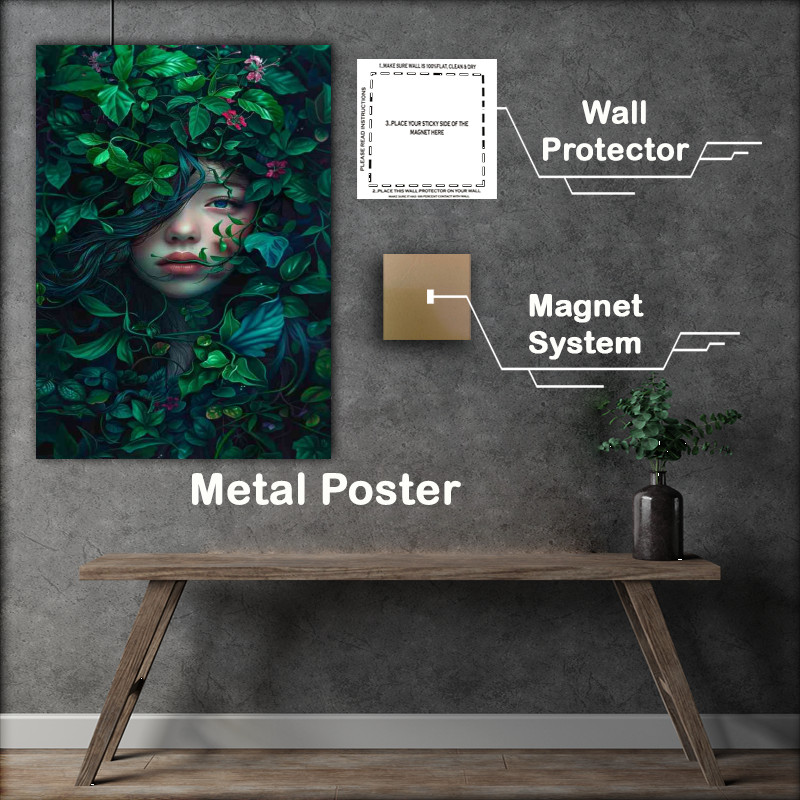 Buy Metal Poster : (Enchanting girls face behine the folliage)