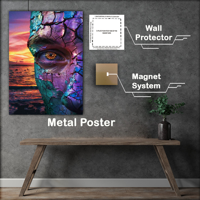 Buy Metal Poster : (Mans face with ocean and setting sun)