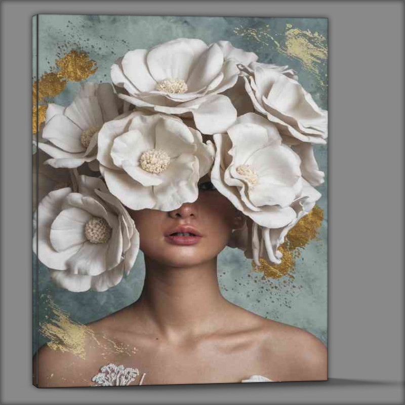 Buy Canvas : (Woman with unique arrangment of white flowers on her face)