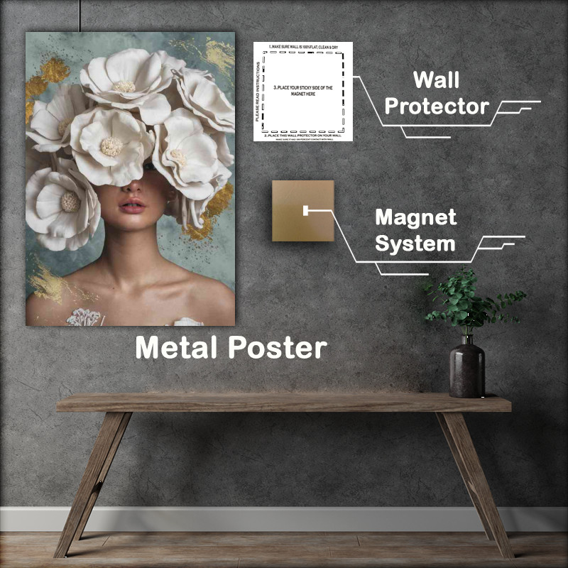 Buy Metal Poster : (Woman with unique arrangment of white flowers on her face)