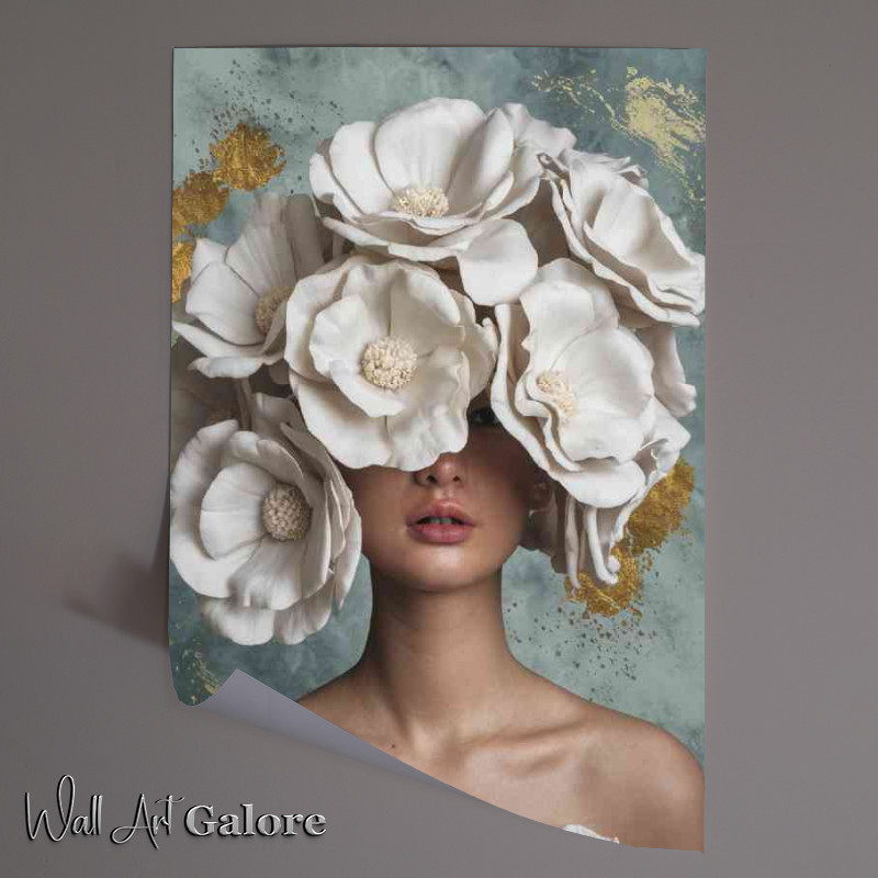 Buy Unframed Poster : (Woman with unique arrangment of white flowers on her face)
