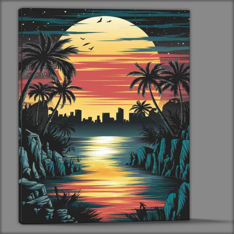 Buy Canvas : (Large vibrant sun with flowing reflective river)
