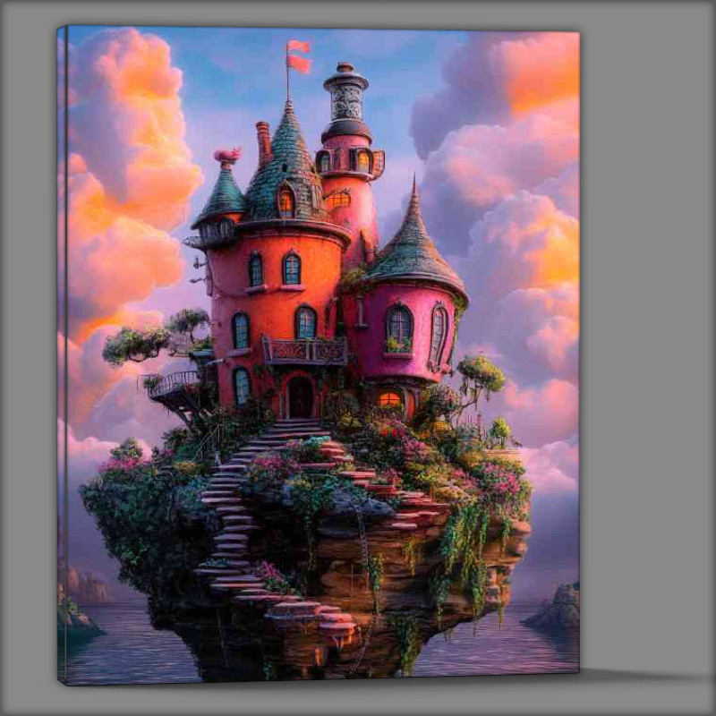 Buy Canvas : (Whimsical house in pink on the edge of an island)