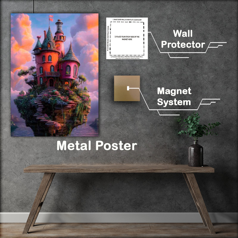 Buy Metal Poster : (Whimsical house in pink on the edge of an island)
