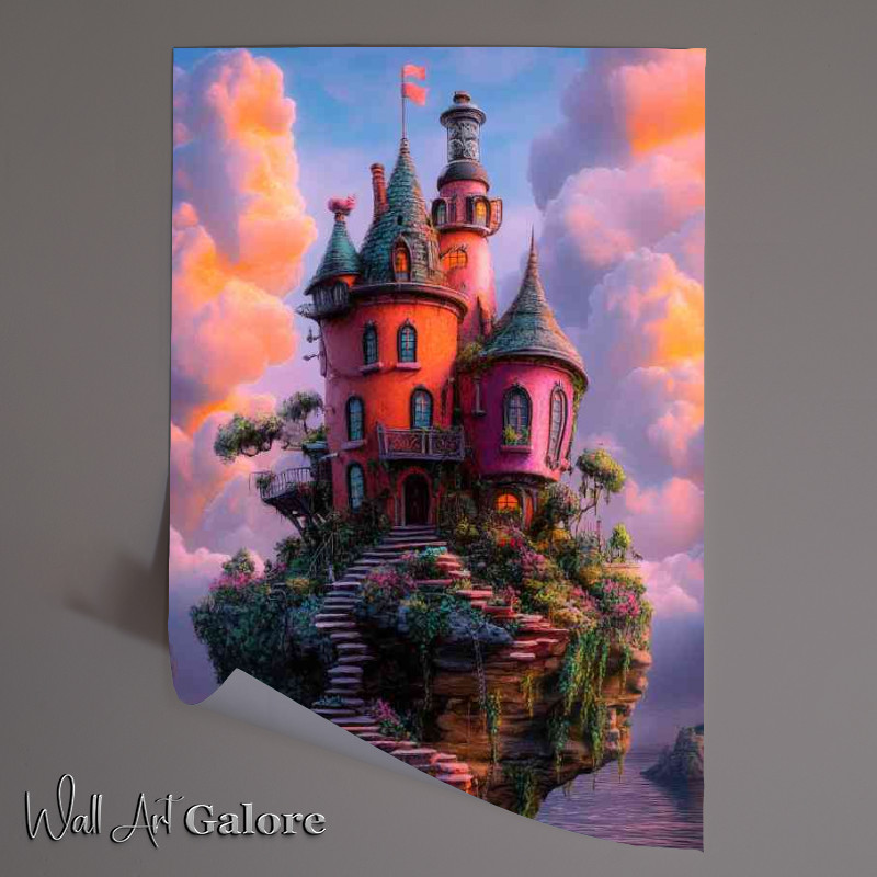 Buy Unframed Poster : (Whimsical house in pink on the edge of an island)