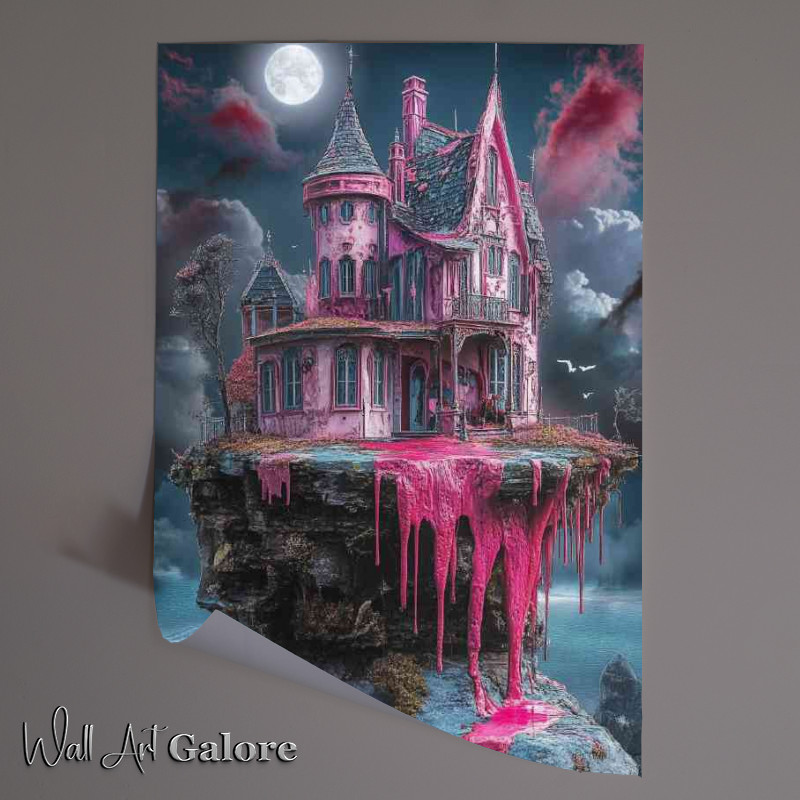 Buy Unframed Poster : (Whimsical house on the edge of an island with pink)