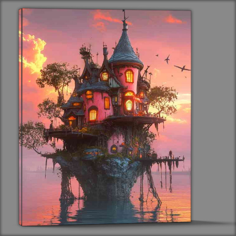Buy Canvas : (Whimsical house on the edge of an island with pink lake)