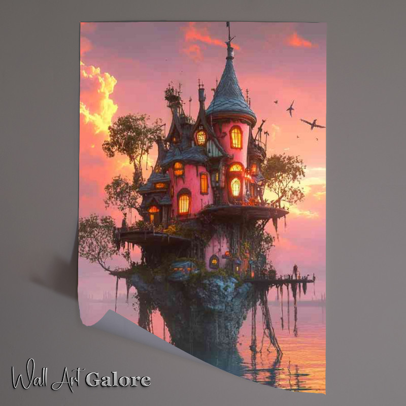 Buy Unframed Poster : (Whimsical house on the edge of an island with pink lake)