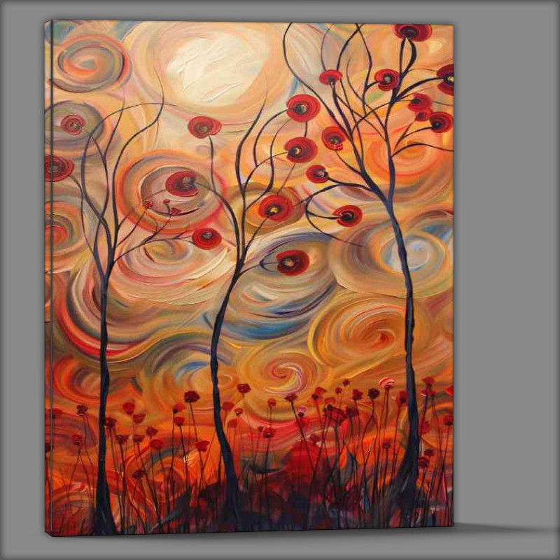 Buy Canvas : (Abstract painting of trees with red leaves and sun)