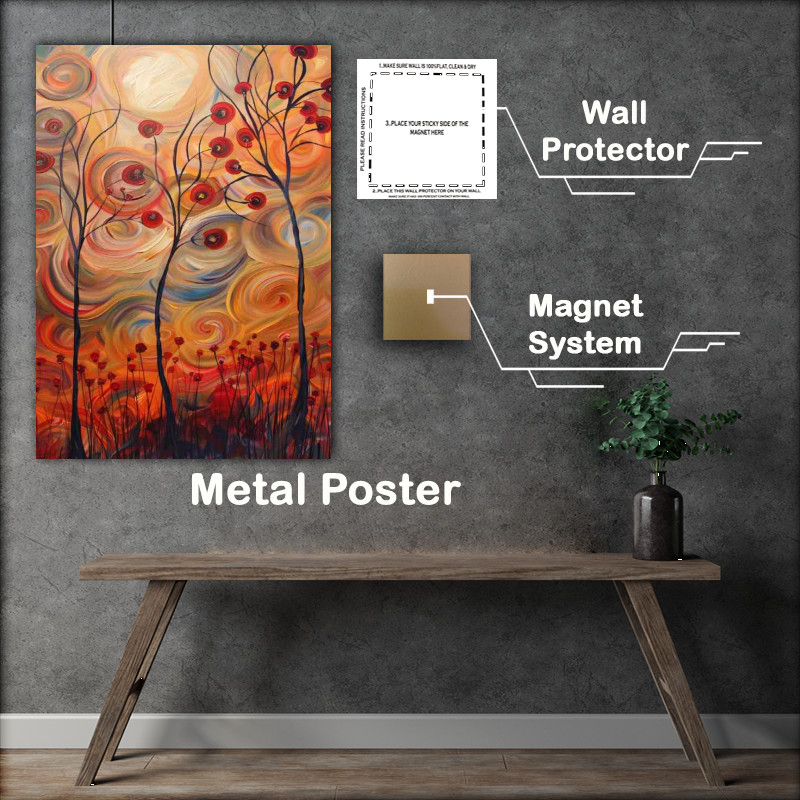 Buy Metal Poster : (Abstract painting of trees with red leaves and sun)