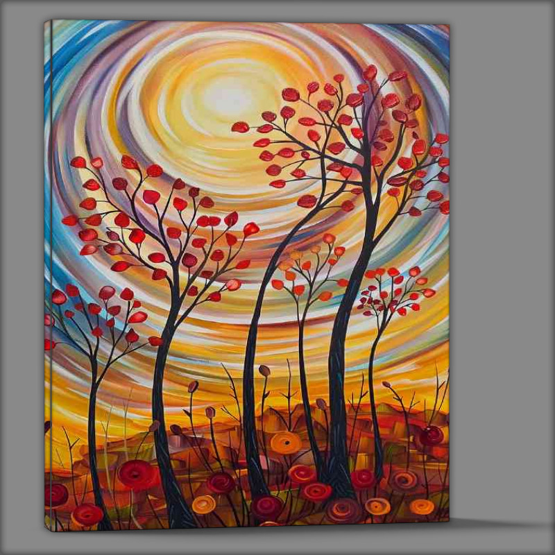 Buy Canvas : (Abstract painting of trees with red leaves sun)