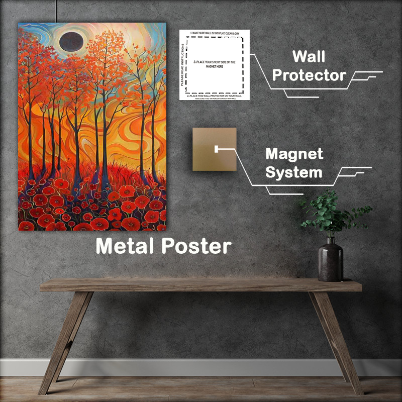 Buy Metal Poster : (Abstract red poppy flowers sun and trees)