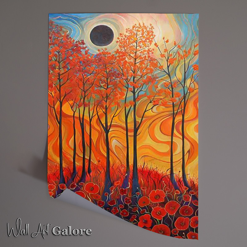 Buy Unframed Poster : (Abstract red poppy flowers sun and trees)