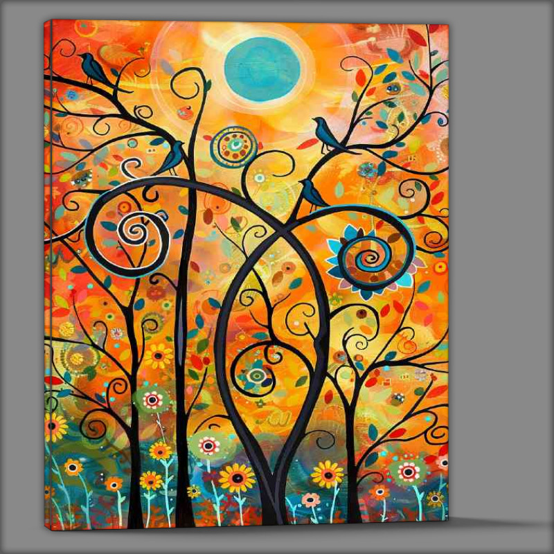 Buy Canvas : (Birds flowers and swirls with the sun)