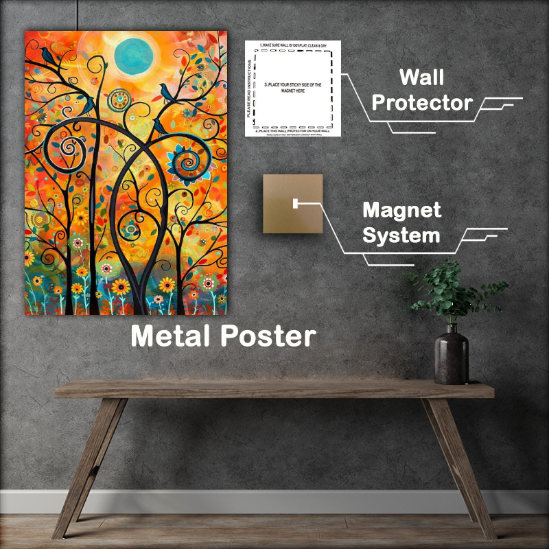 Buy Metal Poster : (Birds flowers and swirls with the sun)