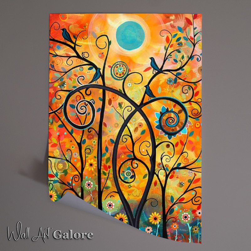 Buy Unframed Poster : (Birds flowers and swirls with the sun)