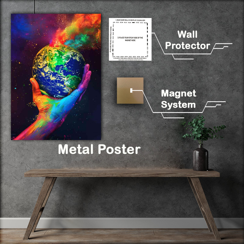 Buy Metal Poster : (Colourful heand holding the earth)