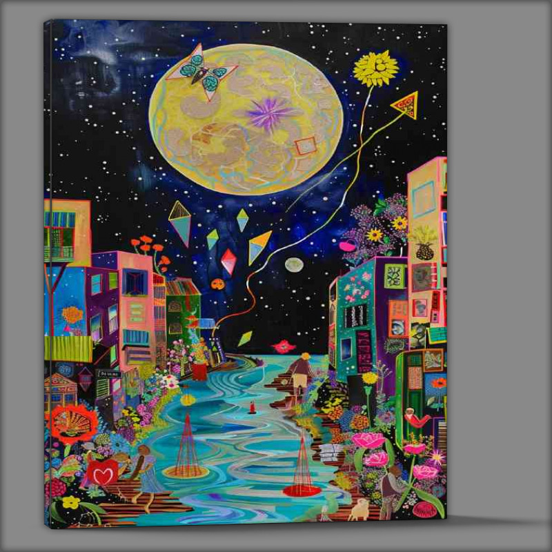 Buy Canvas : (Full moon with river flowing at night)