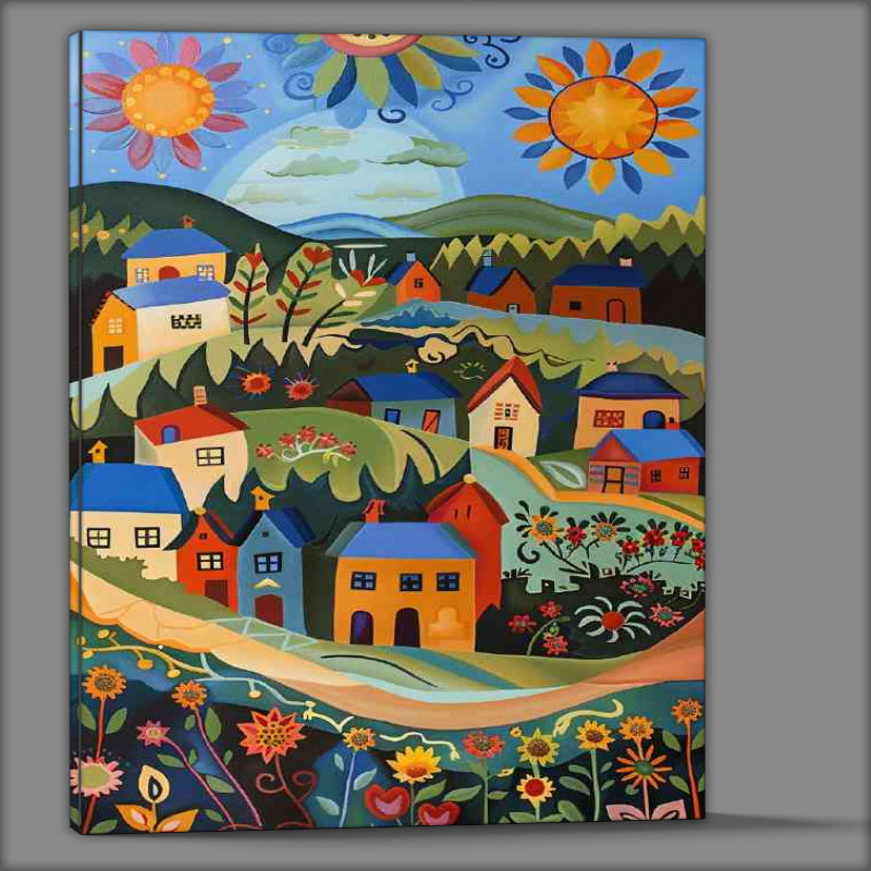 Buy Canvas : (Idilic town with 3 colourful suns)