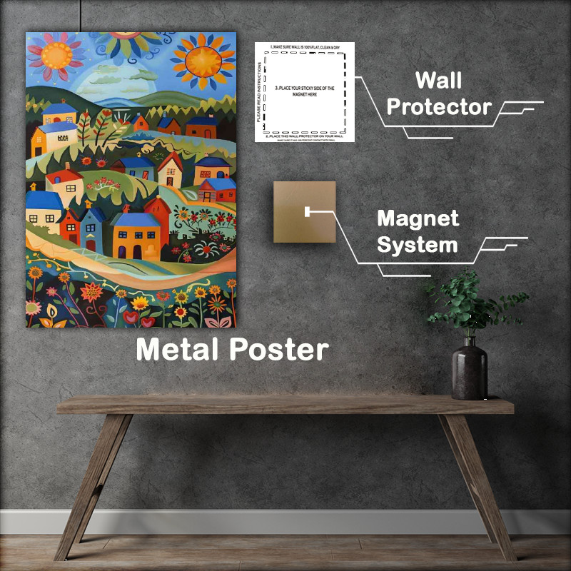Buy Metal Poster : (Idilic town with 3 colourful suns)