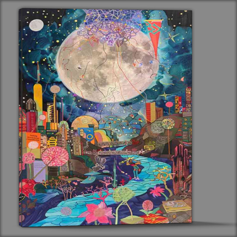 Buy Canvas : (Moon rising through the wimsical village)