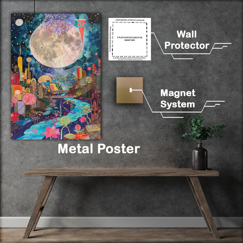 Buy Metal Poster : (Moon rising through the wimsical village)