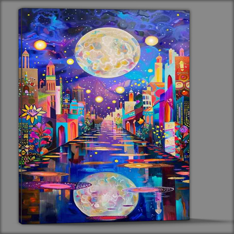 Buy Canvas : (Moon rising through village river)