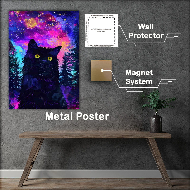 Buy Metal Poster : (A Black cat with night skies and trees)