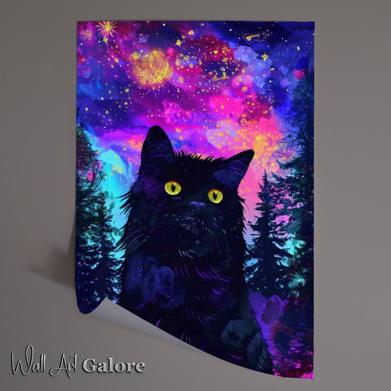 Buy Unframed Poster : (A Black cat with night skies and trees)