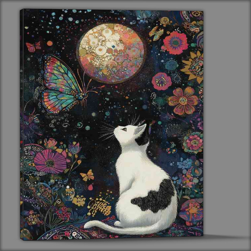 Buy Canvas : (Black and white cat with full detais od moon and butterfly)