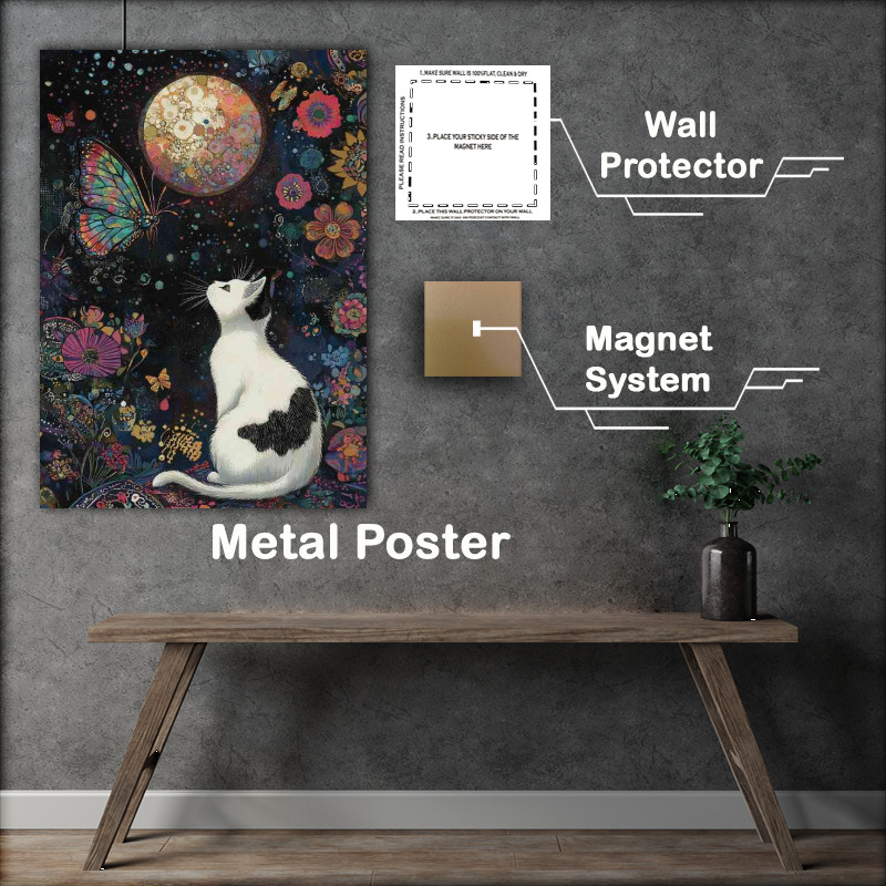 Buy Metal Poster : (Black and white cat with full detais od moon and butterfly)