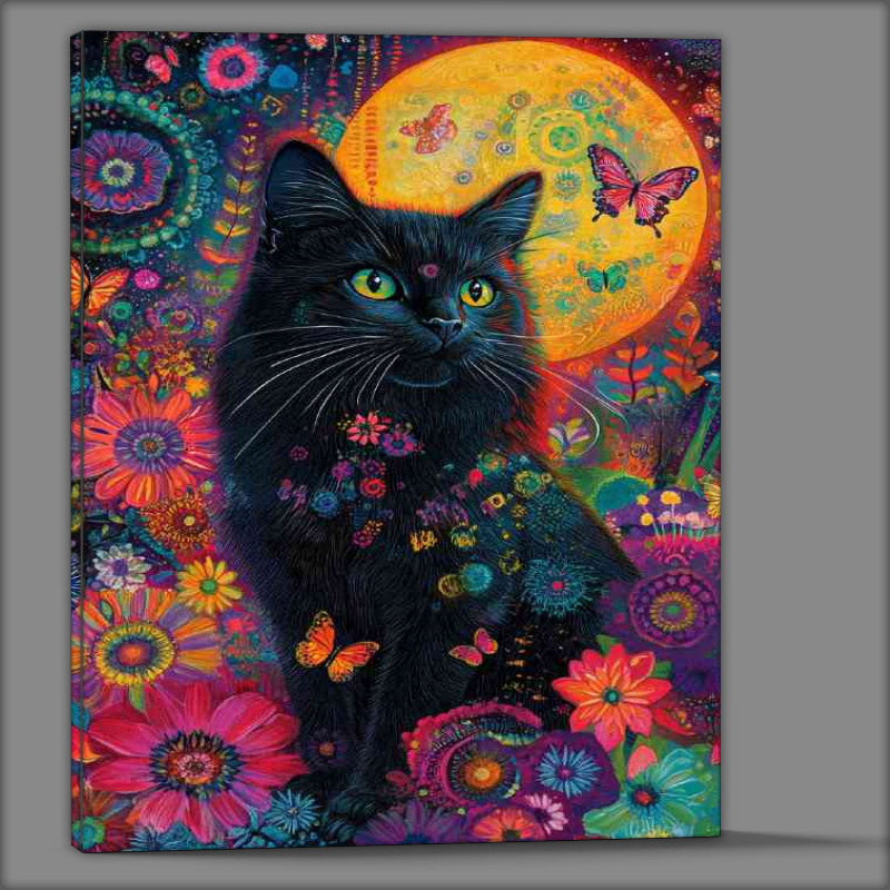 Buy Canvas : (Black cat orange moon and flowers)