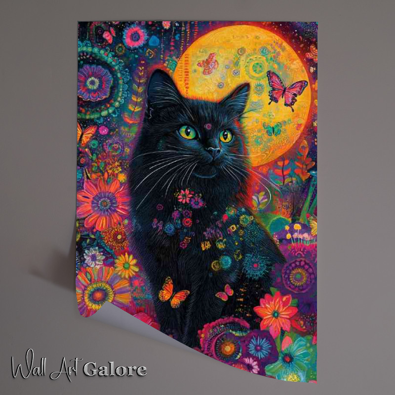 Buy Unframed Poster : (Black cat orange moon and flowers)