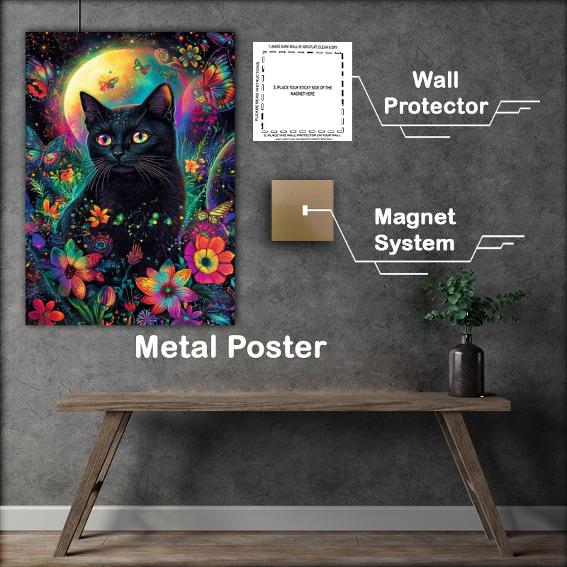 Buy Metal Poster : (Black cat surrounded by flowers and butterfly)