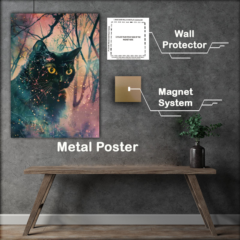 Buy Metal Poster : (Black cat with glowing yellow eyes in woods)