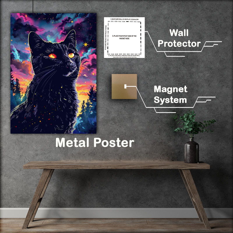 Buy Metal Poster : (Black cat yellow eyes night sky)