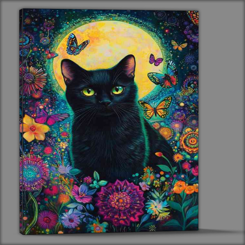 Buy Canvas : (Black cat yellow moon flowers)