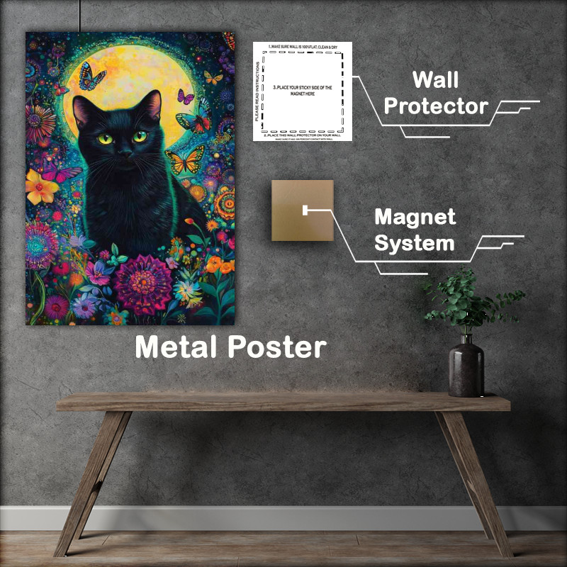 Buy Metal Poster : (Black cat yellow moon flowers)